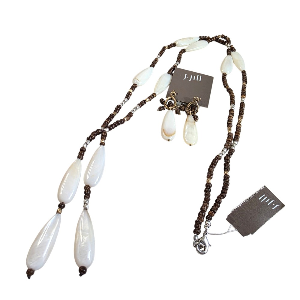 J Jill Mother of Pearl Necklace and Earring Set White Wood Bead Boho Coastal New - Picture 3 of 9